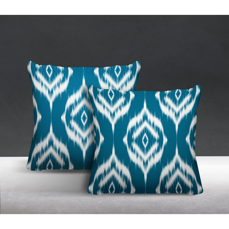 Coussin décoratif intérieur / extérieur Ikat, L 15 po x H 15 po, Turquoise