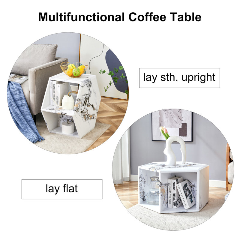 Hexagonal MDF Coffee Table, White Marbl Pattern Stickers, Multi-Hole Design To Give More Storage Space, Simple And Convenient Design Makes It Suitable For All Kinds Of Style Scenes.