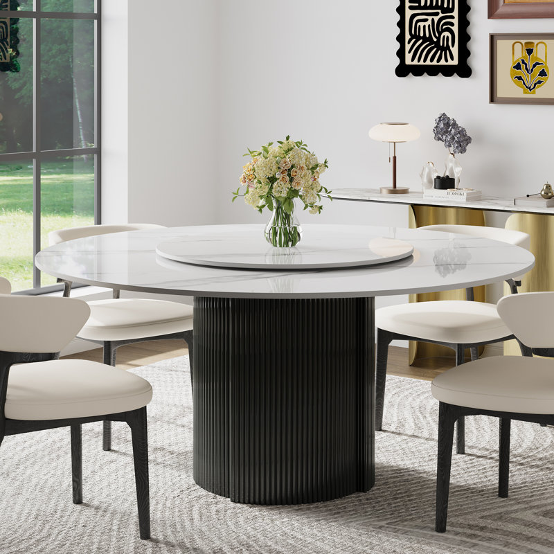 59.08'' Round Dining Table Marble Top with Rotating Turntable, White Circle Dining Table with Black Stainless Steel Base