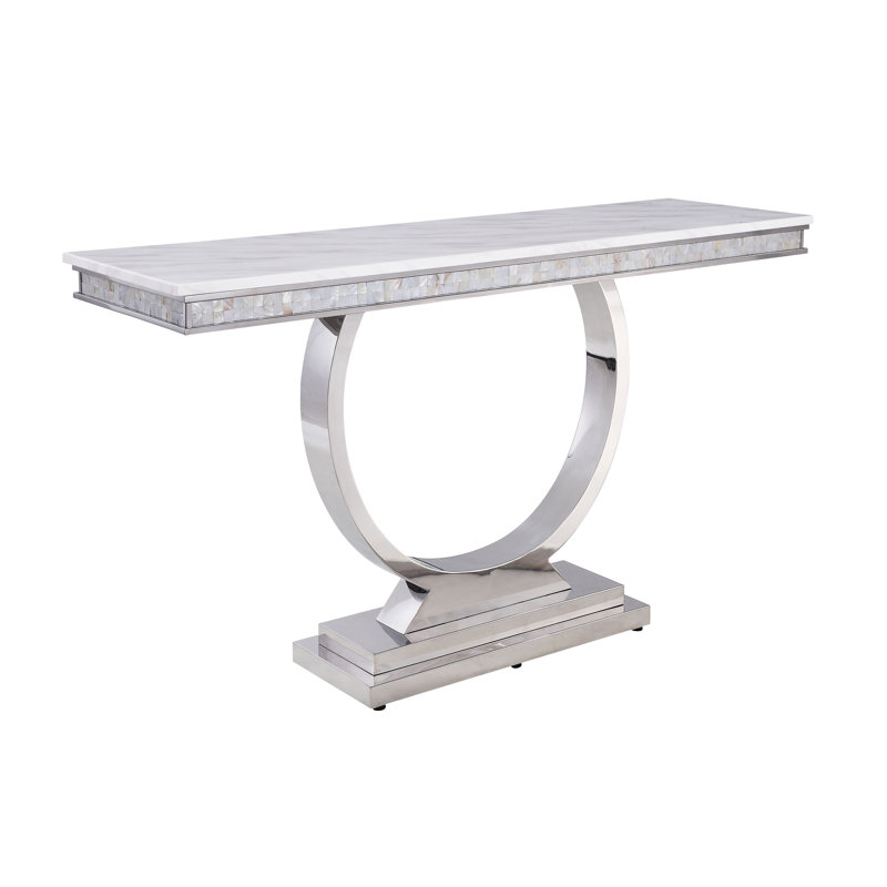 Round White Faux Marble and Silver Metal End Table