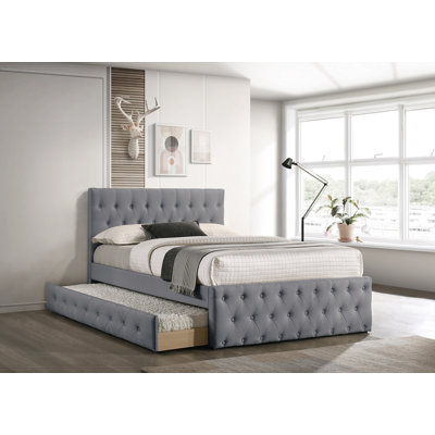 Lit contemporain avec lattes de lit gigogne en tissu d'ameublement et tête de lit capitonnée