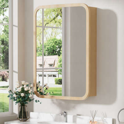 28" H X 20" W Modern Rounded Edge Wood Medicine Cabinet with Mirror, Soft-Close Reversible Door, Adjustable Glass Shelves, Wall-Mount or Recessed, Fully Assembled