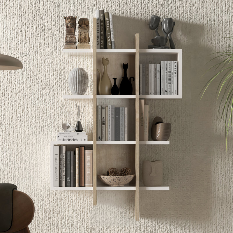 Floating Wall Mounted Bookshelf, 41.4” Geometric Wall Shelf With 8 Display Shelves & 2 Cubby Boxes