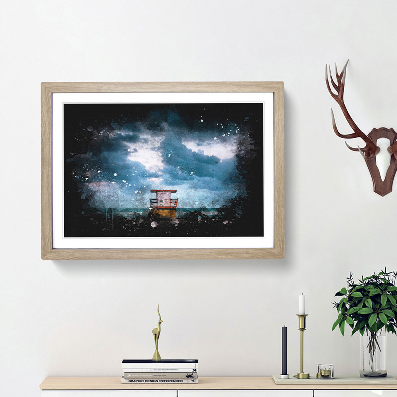 Lifeguard Hut On Miami Beach Florida Paint Splash - Picture Frame Graphic Art, 24cm H x 33cm W x 2cm D, Oak Framed
