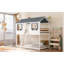 Lit superposé simple au-dessus d'un lit simple en bois avec toit, fenêtre, garde-corps et échelle