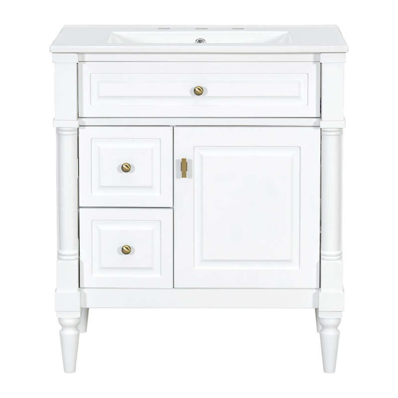 30" freestanding bathroom vanity with ceramic sink, White