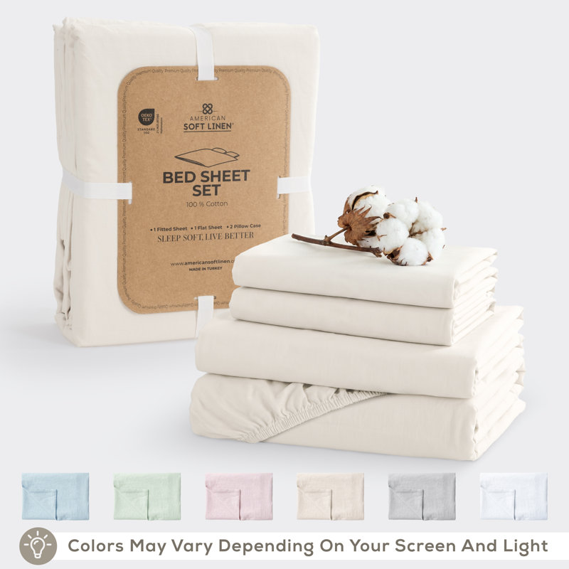 Ensemble de draps en percale 100% coton lavé - comprend 1 drap plat, 1 drap-housse et 2 taies d'oreiller, Beige