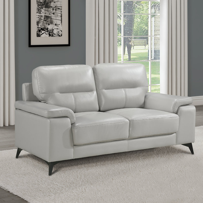 Guluzar 67" Modern & Contemporary Living Room Top Grain Leather with Seating Surfaces, Modern Exposed Metal Feet, Silver Gray