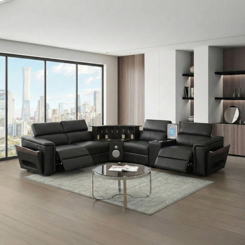 Canapé modulaire Nova avec 1 console (réfrigérateur), coin avec haut-parleur Bluetooth, armoire à vin à DEL et à levage - Noir