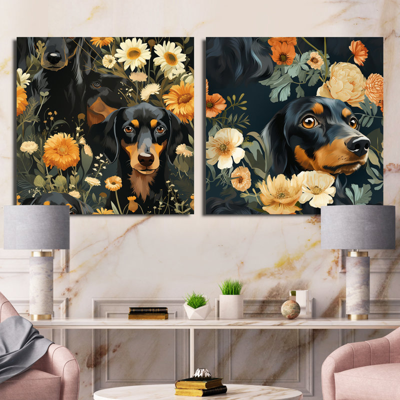 Daschund Dog - animaux, ensemble de 2 collages carrés, H 36 po x l 73 po, Toile tendue