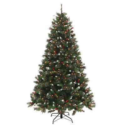 7 ft Mixed Hinged Tree with Glitter accented Bristles with Red Berries, Pine Cones, and 450 Clear lights