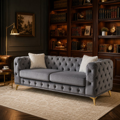 82.5" Modern Chesterfield Velvet Sofa, 3-Seater Upholstered Couch with Button Tufted Back, Diamond Stitching, Metal Legs, 2 Throw Pillows, Deep Seat Living Room Sofa for Bedroom, Apartment & Office（Grey）
