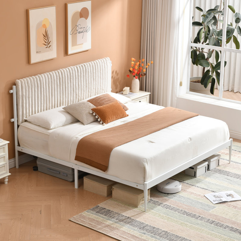 Heavy Duty Metal Platform Bed Frame with Headboard, No Box Spring Needed, Sturdy Steel Slat Support, King, Cream