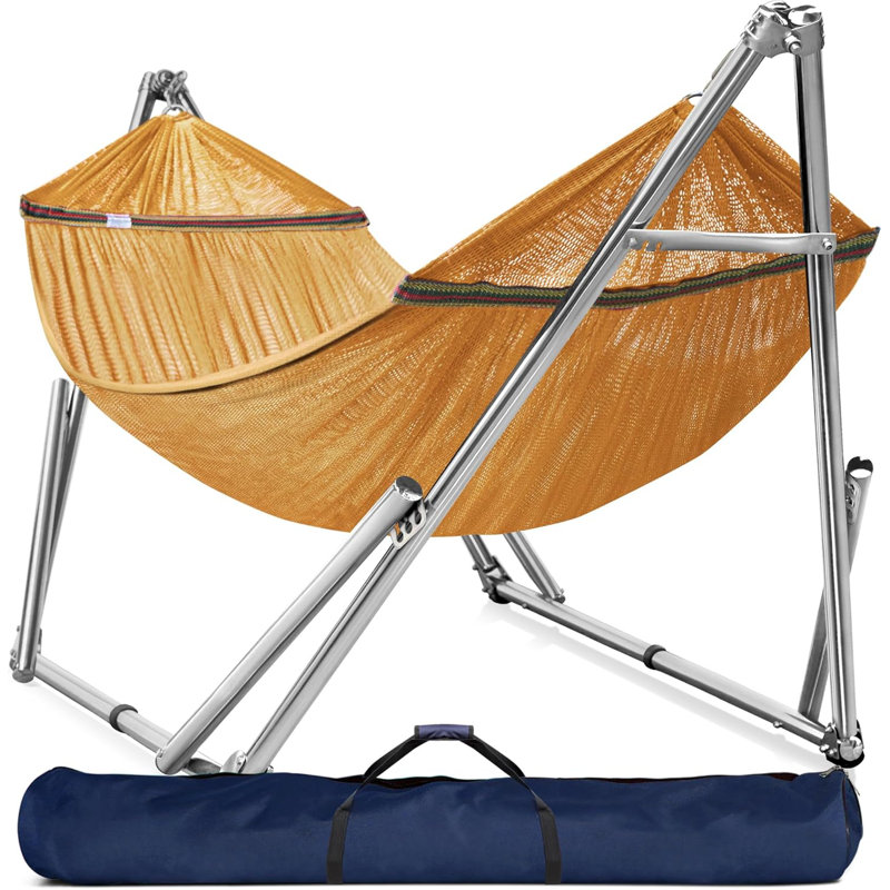  Double Hammock with Stand 650lb Capacity Double Hammock with Spreader Bar, Solid Grade 201 Stainless Steel 30s Set Up, Sturdy Flexible Hammock Stand Portable, Outdoor Indoor, Yellow