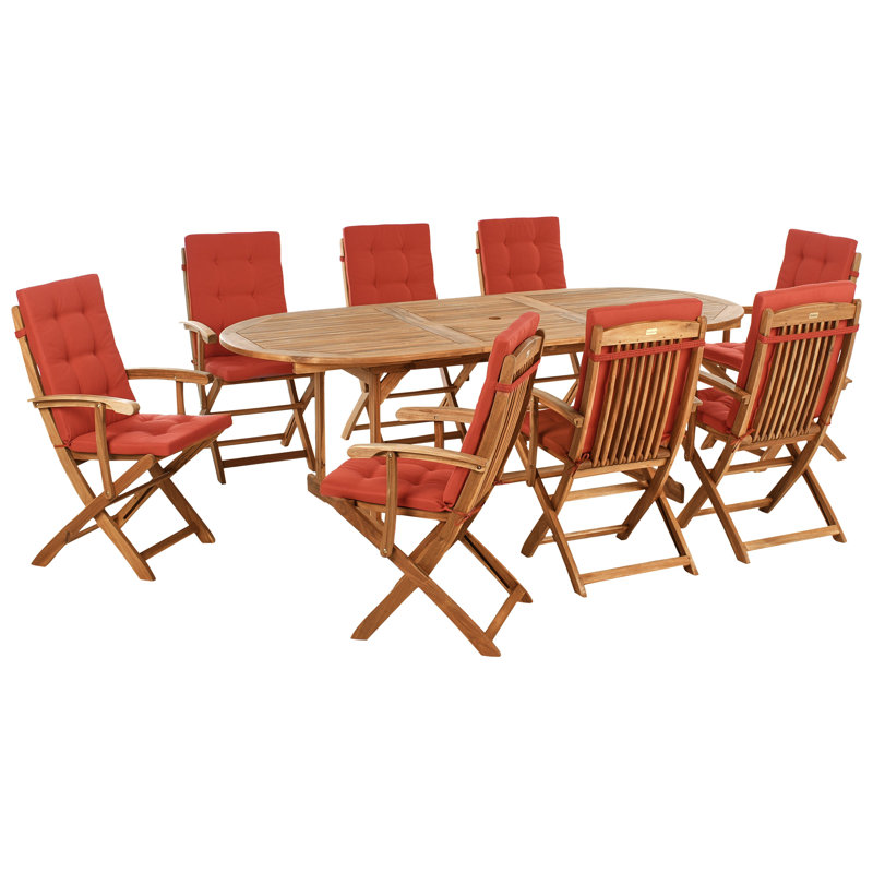 8 - Person Acacia Patio Dining Set with Oval Table , Cushions Included, Natural Wood/Red