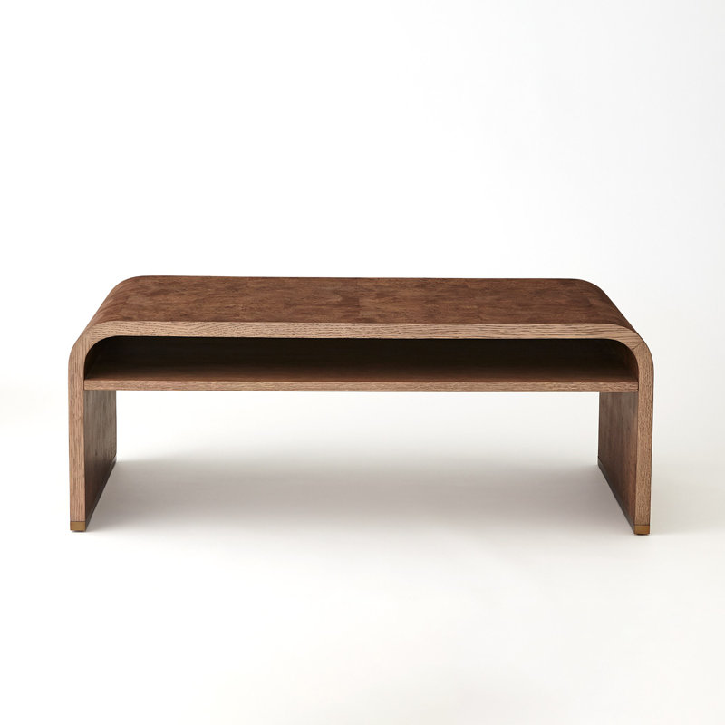 Ives Rectangular Oak Wood Cocktail Table with Bronze Metal Shelf