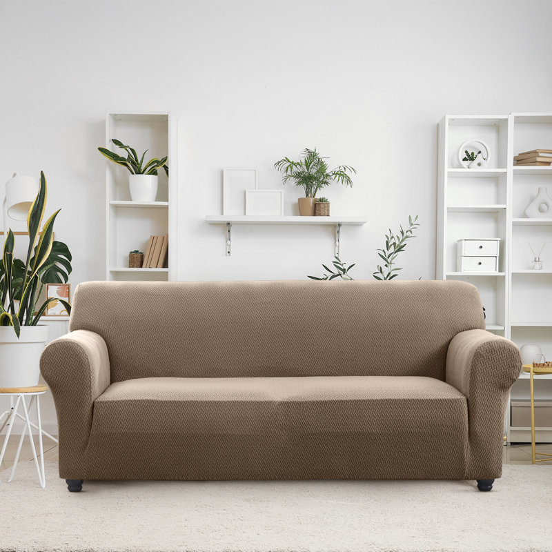 Durable Spandex Stretch Sofa Cover - Jacquard Pattern Sofa Slipcover & Furniture Protector, Coffee/Sand