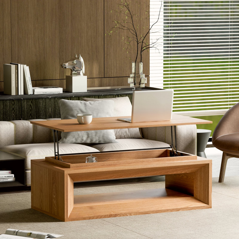 Table basse 43,3 po à plateau relevable moderne en placage de bois massif, Bois naturel
