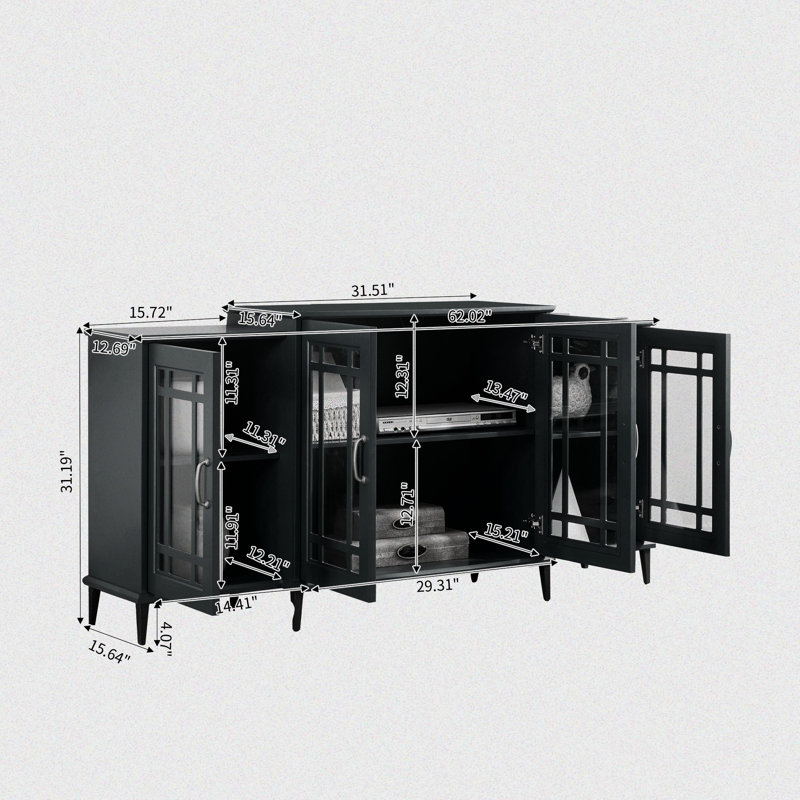 Sinderen Vintage TV Stand with Wood Carved Floral Glass Doors, Metal Legs and Handles
