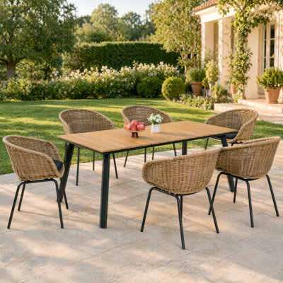 Ensemble de salle à manger de patio 7 pièces, ensemble de table de salle à manger en osier de rotin avec cadre en fer et 6 fauteuils courbés, ensemble de meubles de patio en rotin PE toutes saisons pour le jardin, la cour, le patio et la piscine