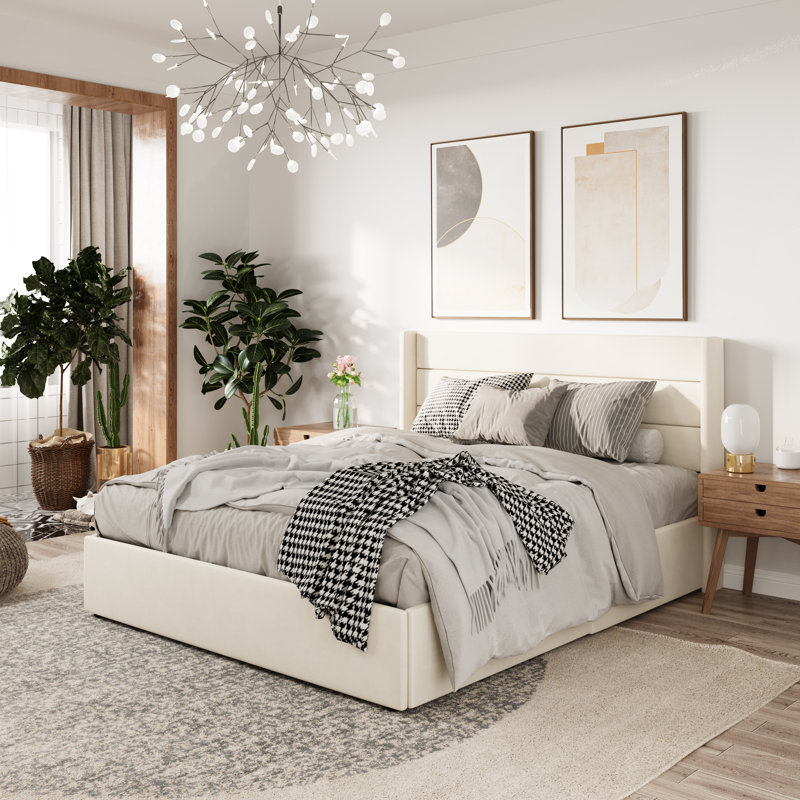 Lit plateforme tapissier hydraulique avec rangement Braya, Double, Velours crème