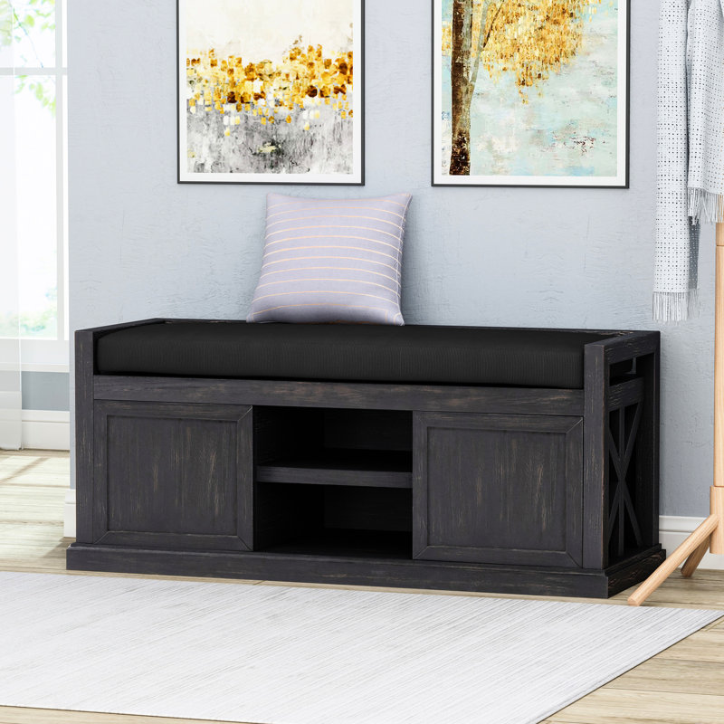 Banc rustique gris foncé en bois avec siège rembourré