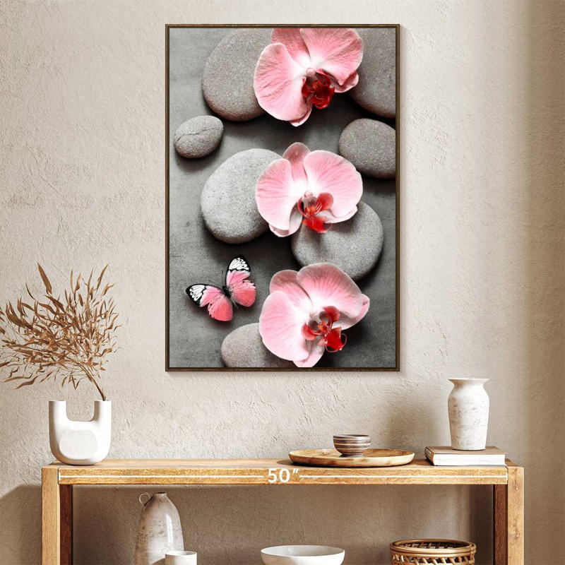 Zen orchidées roses et papillons, Floating Frame Walnut, 27" x 40"