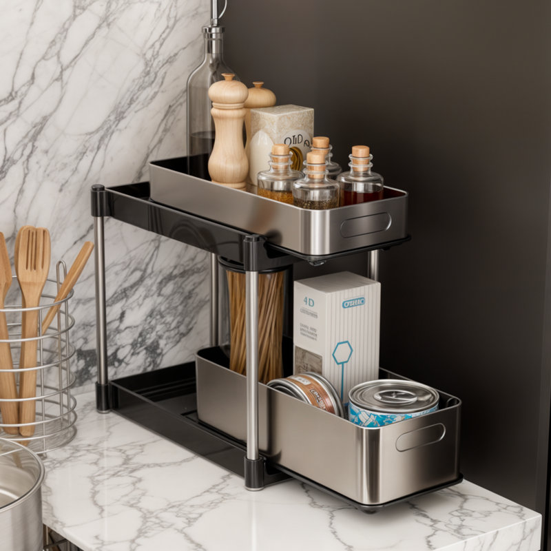 Organisateur de cuisine à 2 niveaux avec cadre en acier inoxydable Home Zone Living