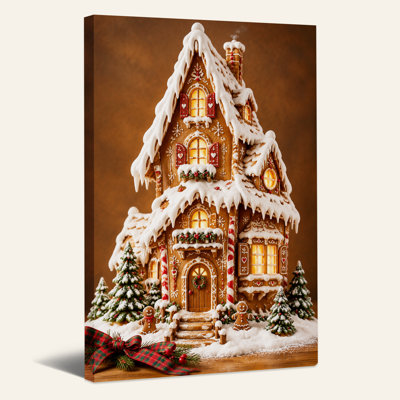 " Gingerbread House with Lit Windows and Snow Christmas " Painting