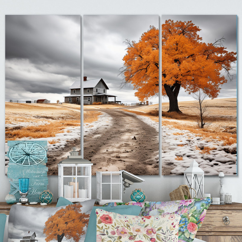«Farmhouse Orange and Gray Harmony» - ensemble d'art mural en métal Farm