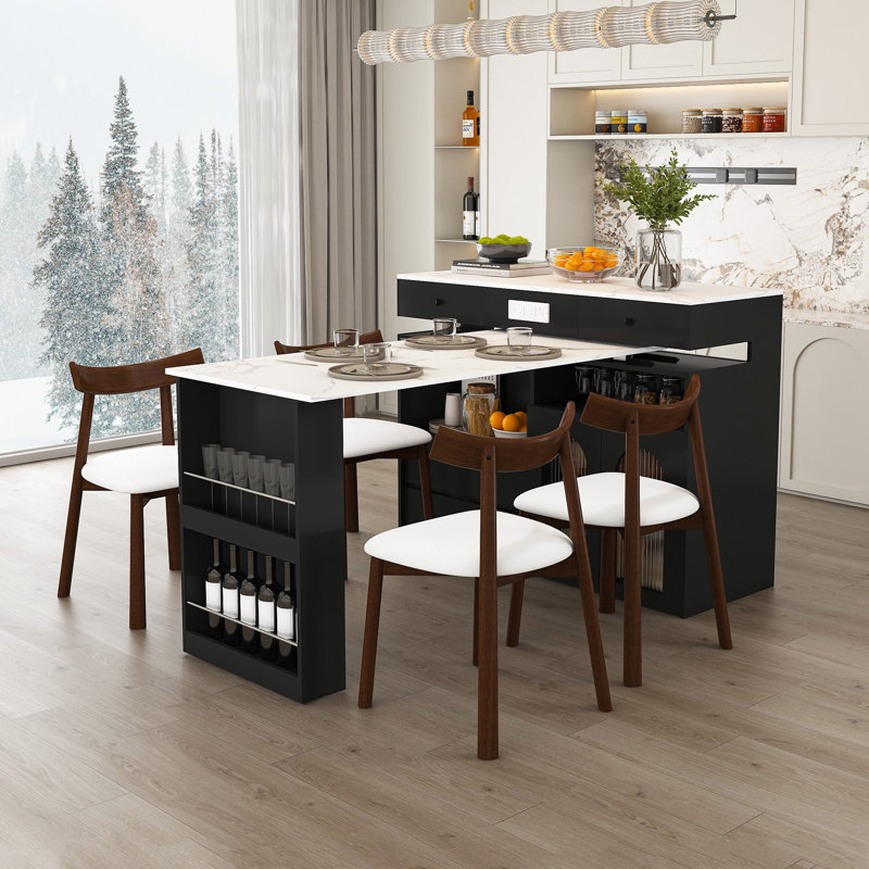 Ensemble d'îlot de cuisine 53,14 po avec 4 chaises en bois massif, Noir / blanc