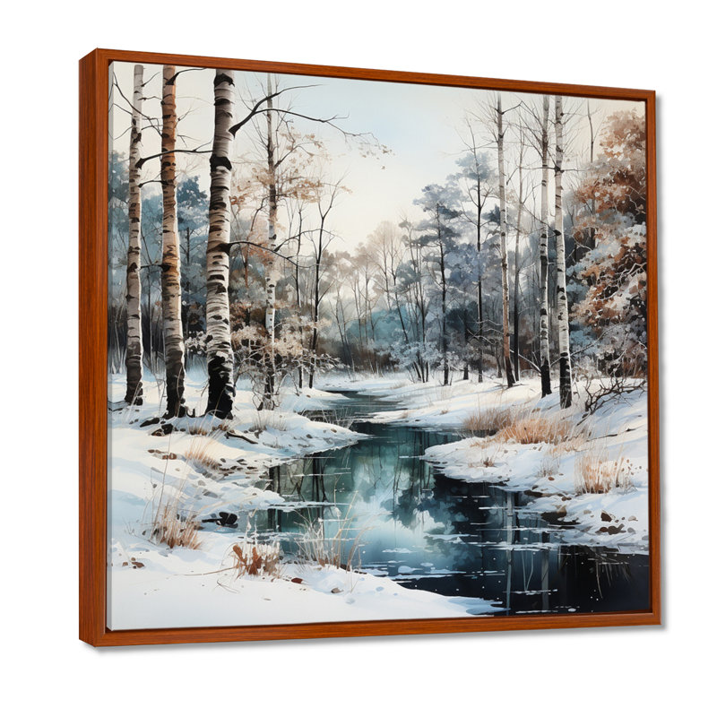 Rivière en forêt, paysage d'hiver - impressions sur toile de forêt, H 24 po x l 24 po x P 1 po, Cadre flottant brun