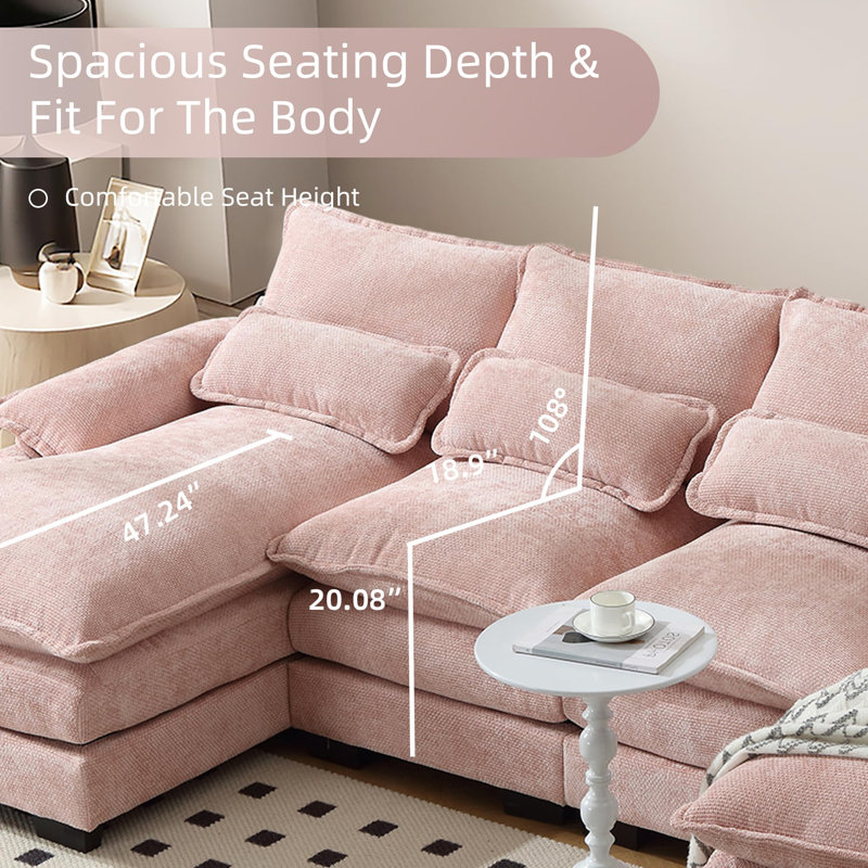 Pink Chenille 110" U-Shaped Sectional Sofa with Deep Cushions