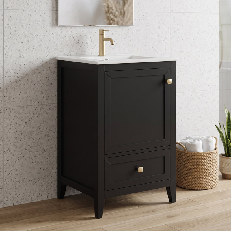 Meuble-lavabo autoportant de 51 cm (20 po) en MDF noir avec lavabo simple, porte à fermeture amortie et tiroir de rangement