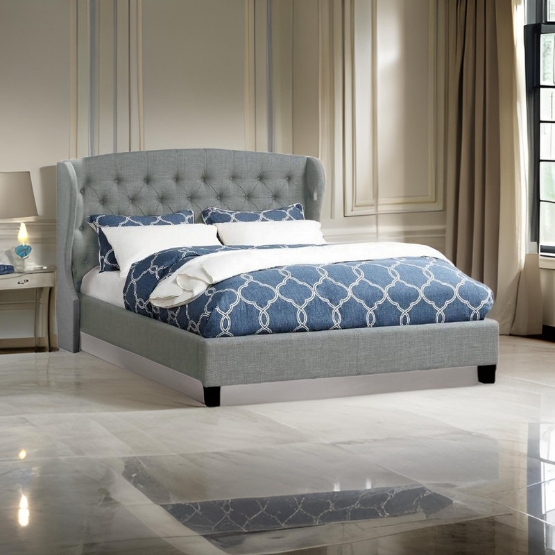 Lit plateforme tapissier touffeté, Gris, Grand