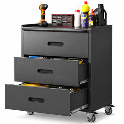 Armoire de rangement robuste en métal à 3 tiroirs de 34,65 po avec roulettes, organisateur de garage et d'atelier roulant avec plan de travail surélevé, roulettes verrouillables, tiroirs à glissement lisse, noir / gris