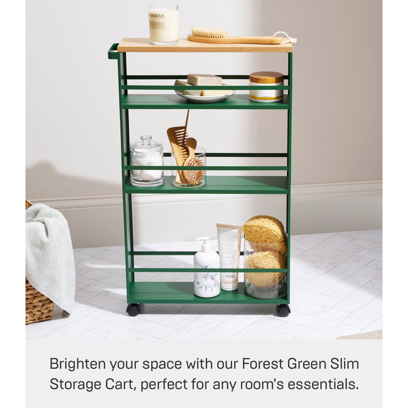 Forest Green Slim Rolling Three-Tier Storage Cart with Wooden Top