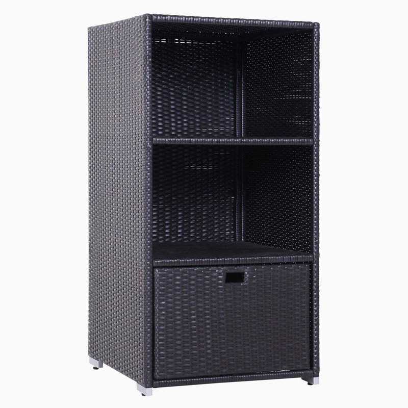Waterproof PE Rattan Poolside Towel Storage Organizer, Freestanding Spa Accessory Rack with Dual Open Shelves and Removable Basket Drawer