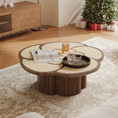 Table basse de 39 po en forme de fleur avec plateau en grain de noyer, table basse en bois massif de style Mid-Century pour le salon