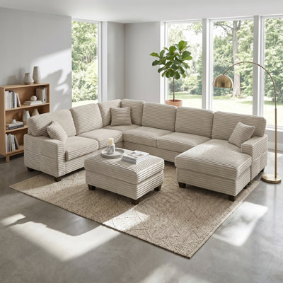 Canapé modulaire en forme de U 125,2 po - Canapé en velours côtelé taupe clair avec repose-pieds mobile et poches de rangement latérales - convertible en forme de L, 6 sièges - sièges profonds (coussins de 7,3 po), 250 lb / siège - pour grand salon, salle familiale