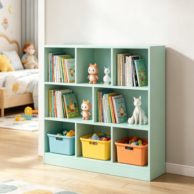 Wooden 3-Tier Low Bookcase, Floor Standing Display Cabinet Organizer With Base, 8 Cubes Bookshelf