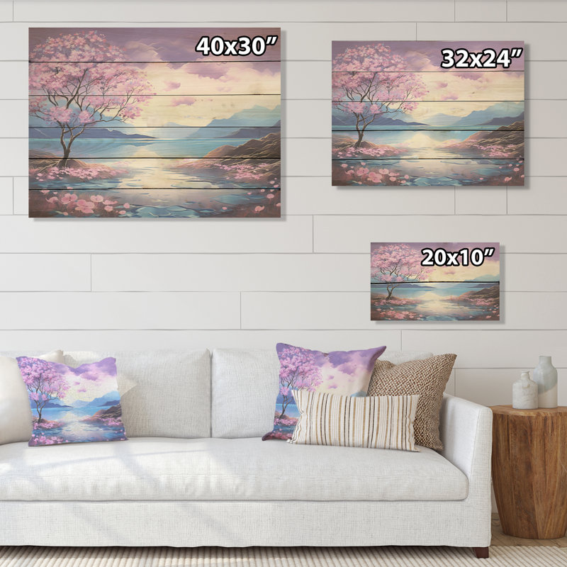 Magnifique paysage de rhododendron rose I - champ de fleurs, art mural sur bois de pin naturel, H 10 po x l 20 po