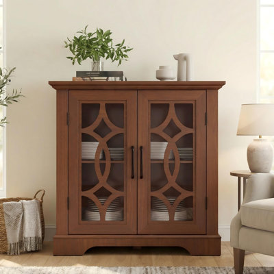 Buffet spacieux de 34,37 po x 15,55 po x 34,06 po avec 2 portes en verre trempé transparent avec tablette réglable, armoire de rangement décorative en bois aggloméré avec stratifié chêne foncé pour la salle à manger, la cuisine et le salon