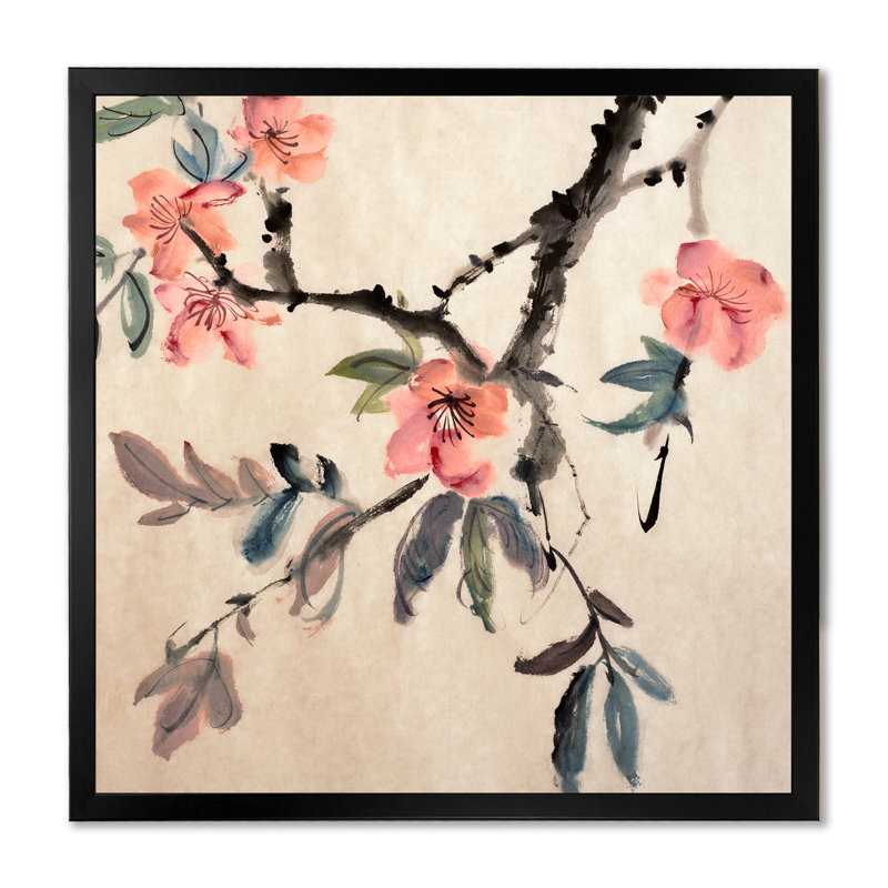 Fleurs asiatiques roses pastel - œuvre d'art traditionnelle sur toile, Impression noire sur toile encadrée