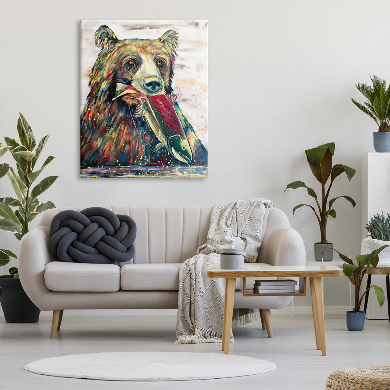 " Bear And Fish Modern Wildlife Splash " by Jen Seeley Painting Print, 48" H x 36" W x 1.5" D