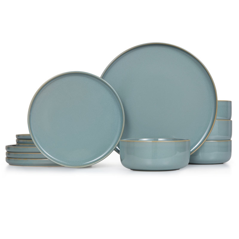  Service de table en céramique, 12 pièces, noir / jade, service pour 4, Vert sauge