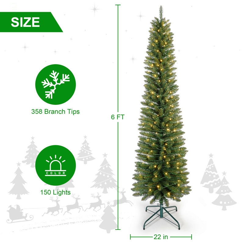 Arbre de Noël 6 pi avec 150 lumières DEL chaudes - arbre en PVC mince avec 358 pointes, conception compacte, support en métal stable, facile à assembler