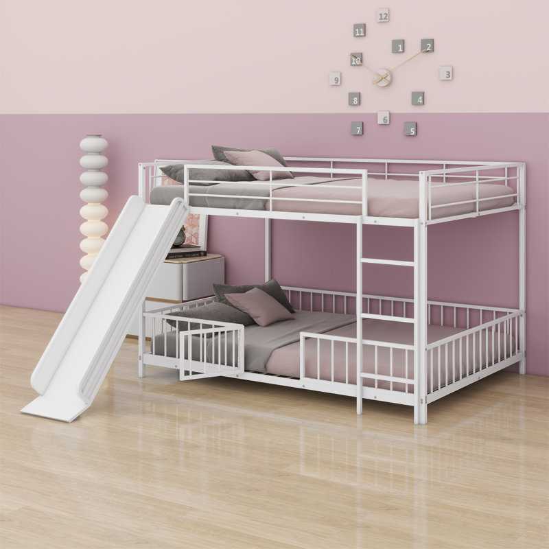 Lit superposé en métal avec glissière et garde-corps, Simple sur simple, Blanc