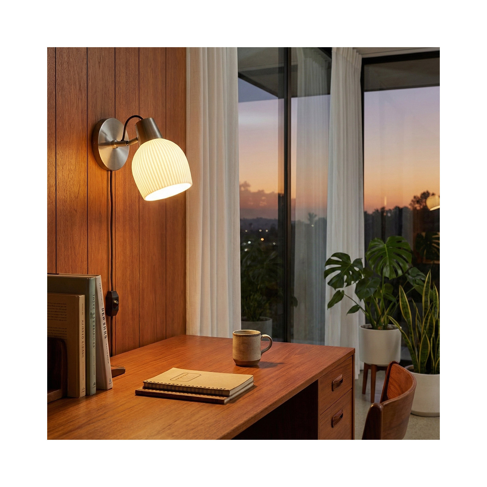 Petaluma Bone Porcelain Plug-In Wall Sconce with Dimmer – Handcrafted Translucent Porcelain Shade, Warm Ambient Glow, Easy Installation, LED Compatible, Smart-Switch Ready Mid-Century Modern Wall Lighting