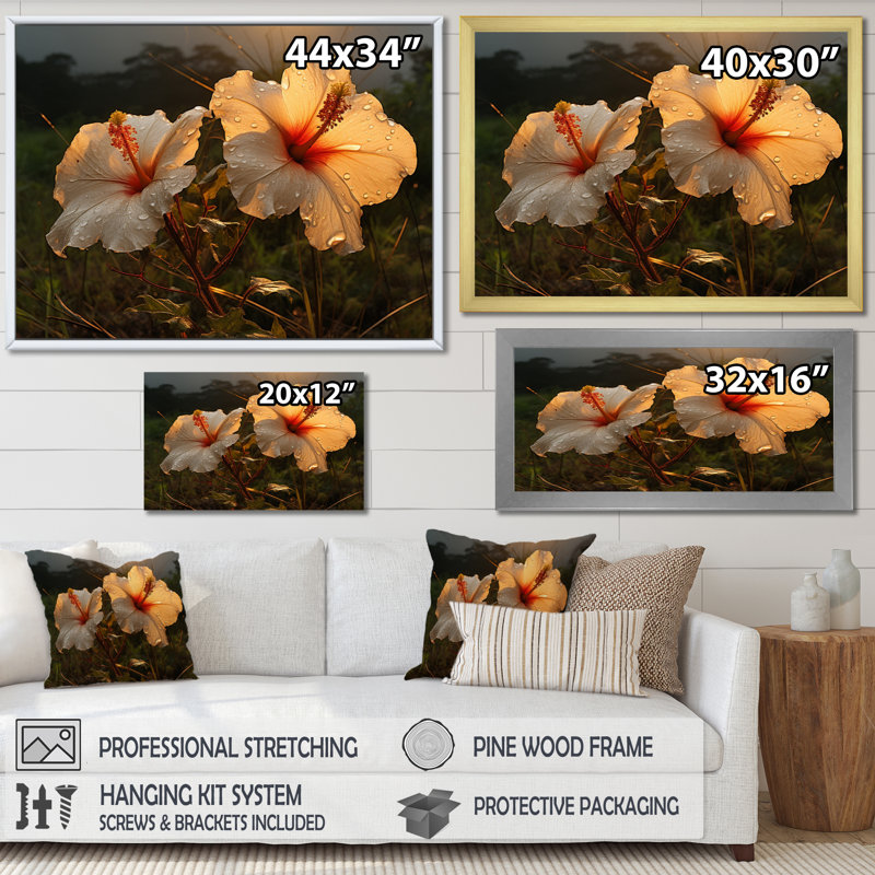 Hibiscus Field With Sunset II - Floral Canvas Art Print, H 12 po x l 20 po x P 1 po, Cadre photo noir